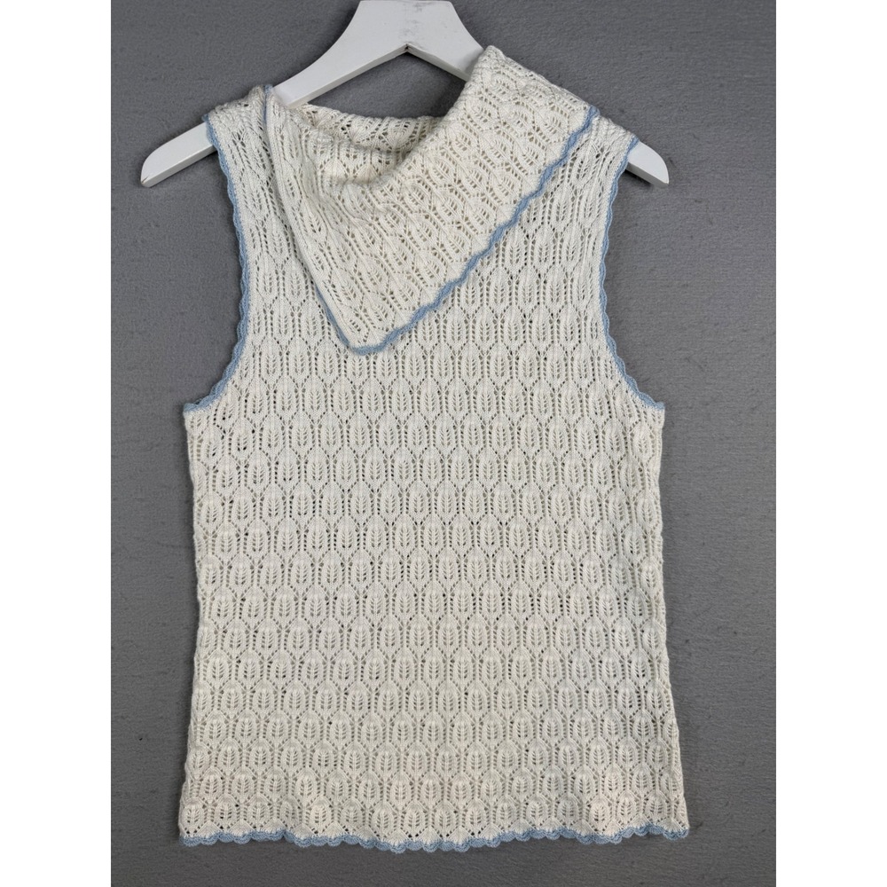 Janeville Crochet Cowl Neck Sweater Size M Cream Blue Sleeveless Cottagecore